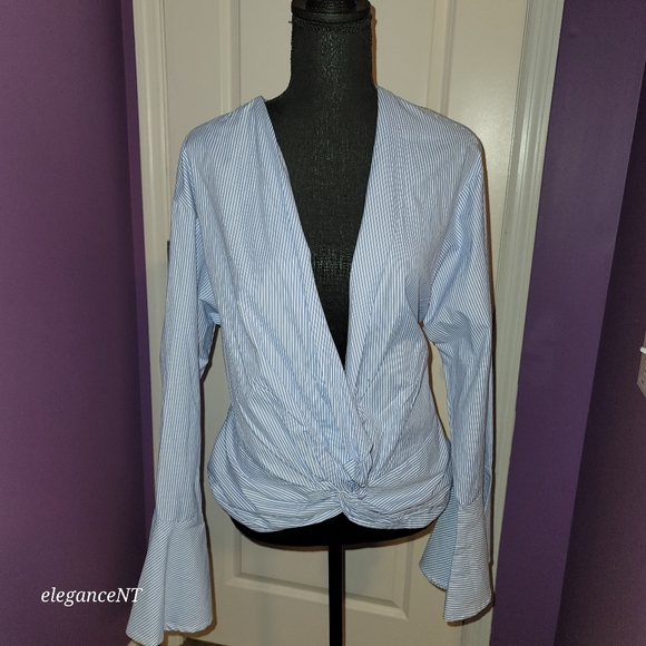 Fashion to Figure Blue/White Pinstripe knot Front L/S wrap shirt  Sz: 0X NWT - Picture 8 of 9